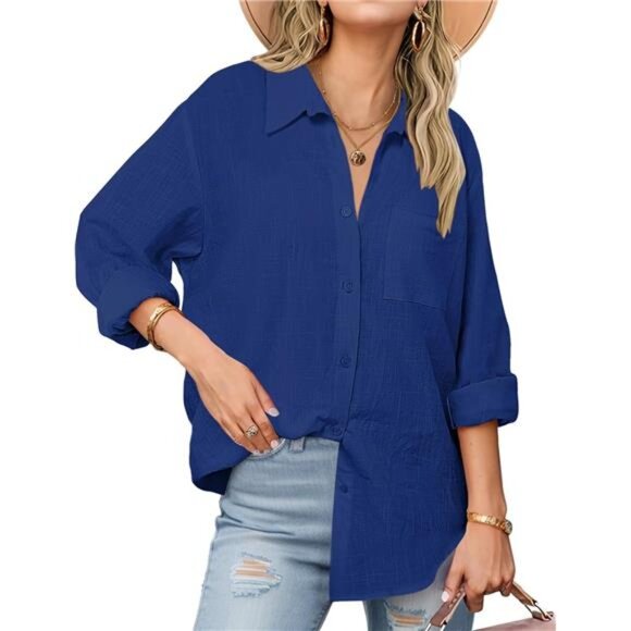 Womens Button Down Shirts Long Sleeve Navy Blue - Picture 1 of 6